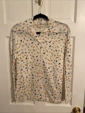 Sears Cream Button-Down Shirt with Orange, Green and Black Print